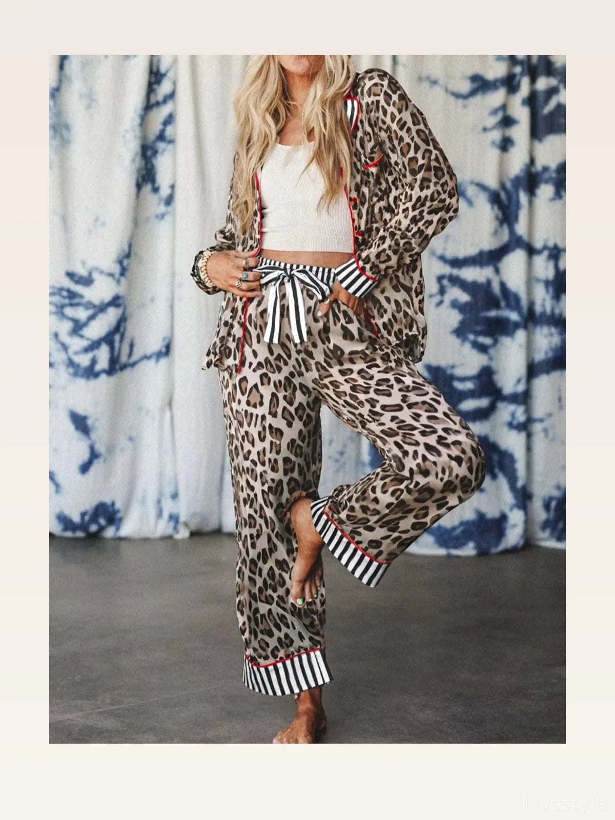 Leopard and Striped Trim Shirt and Pants Set — styled showcase — Livostyle
