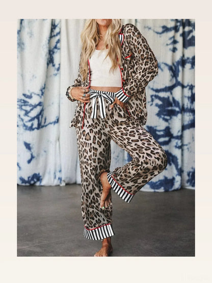 Leopard and Striped Trim Shirt and Pants Set — styled showcase — Livostyle