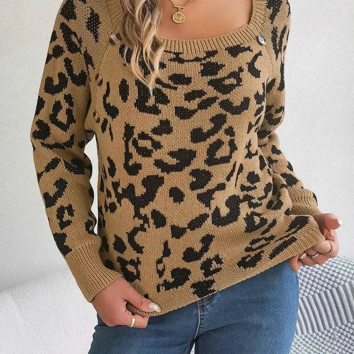 Leopard Buttoned Square Neck Sweater — square view — Livostyle