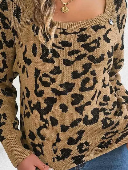 Leopard Buttoned Square Neck Sweater — detail view — Livostyle