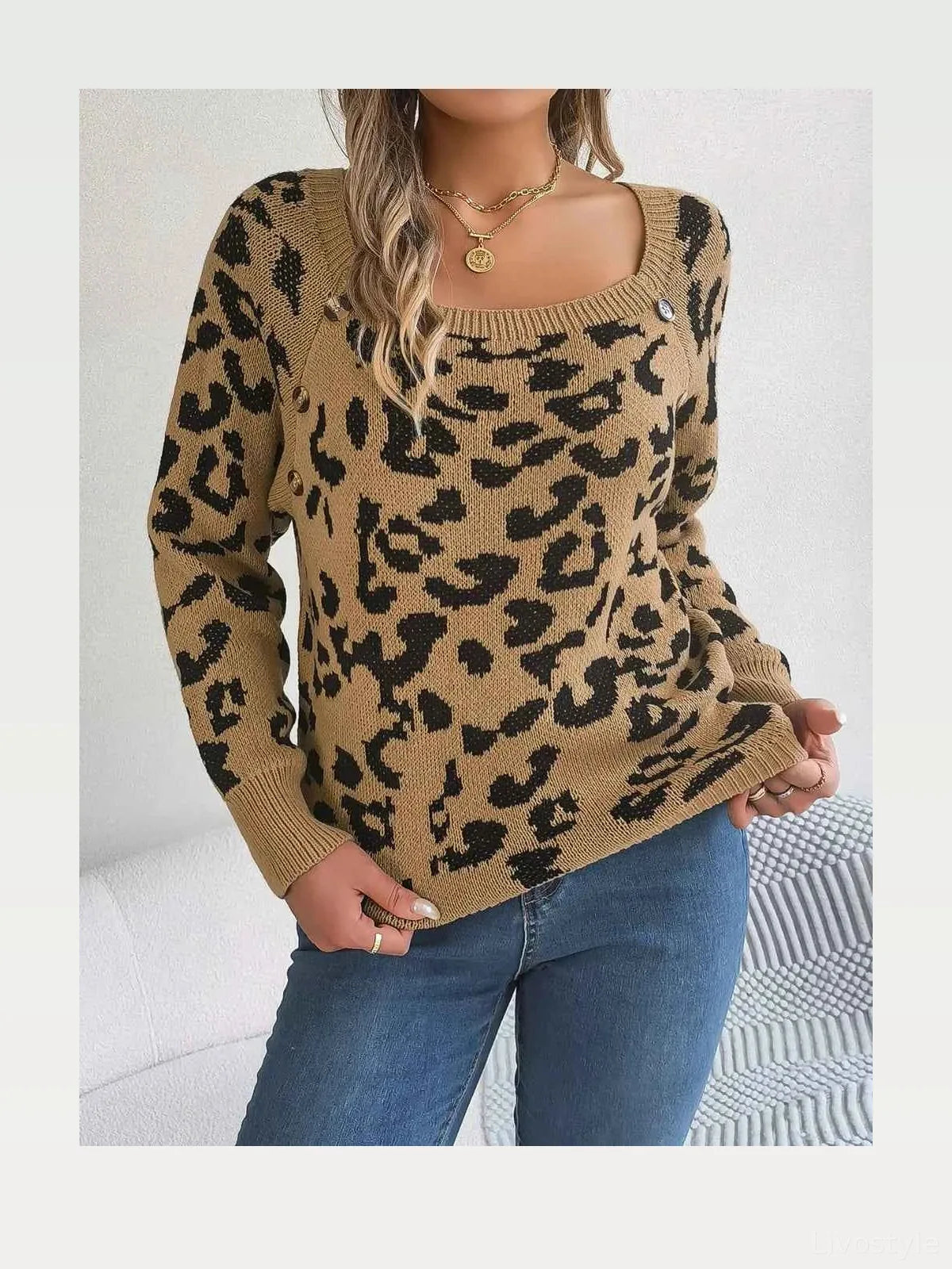 Leopard Buttoned Square Neck Sweater — styled showcase — Livostyle