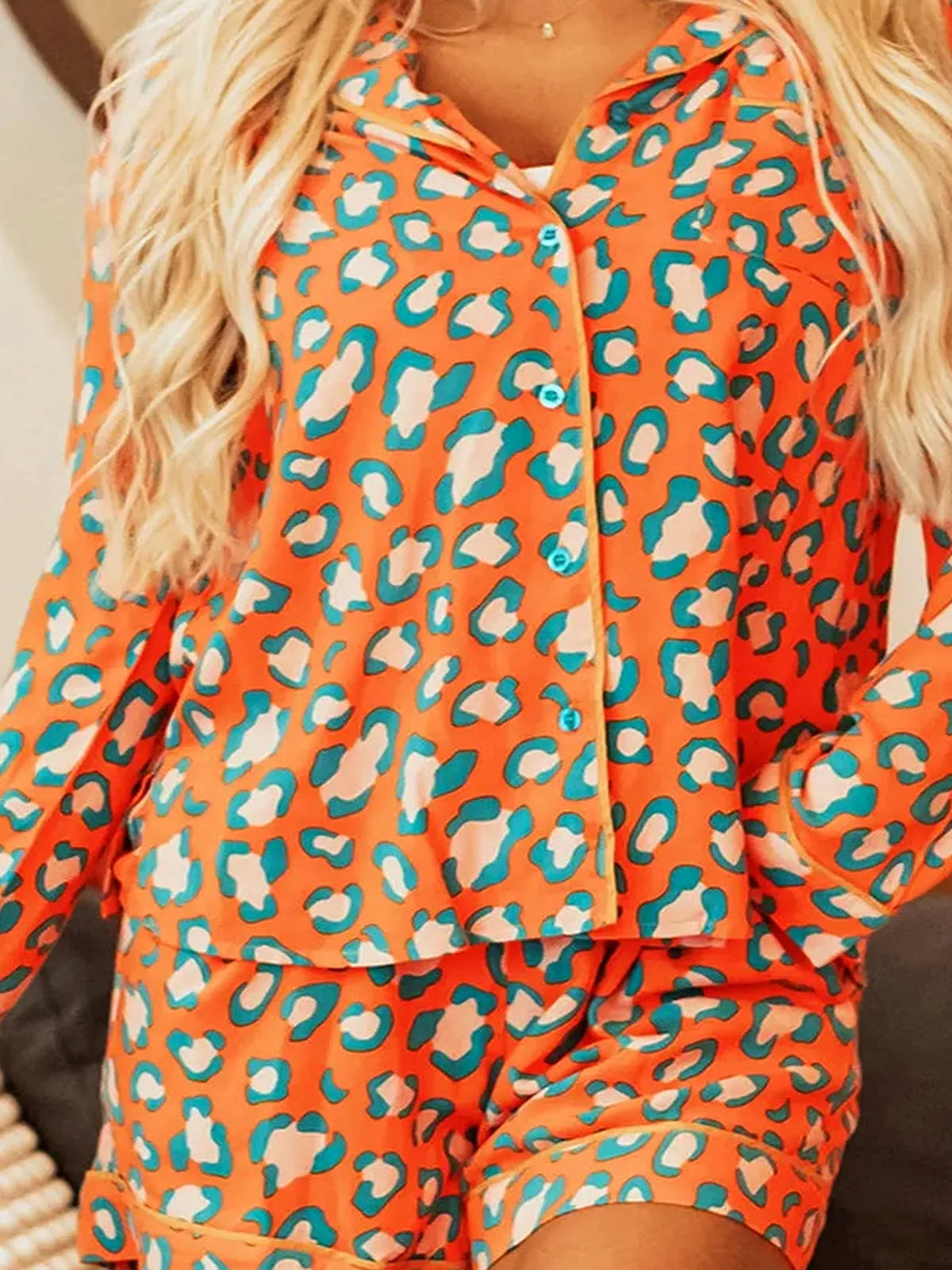 Leopard Collared Neck Long Sleeve Top and Shorts Lounge Set — detail view — Livostyle
