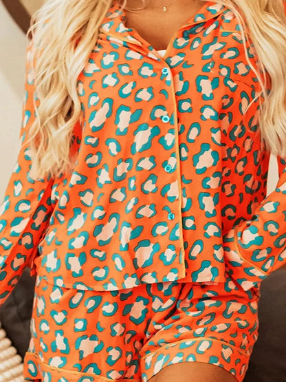 Leopard Collared Neck Long Sleeve Top and Shorts Lounge Set — detail view — Livostyle