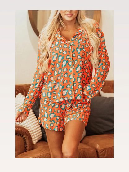 Leopard Collared Neck Long Sleeve Top and Shorts Lounge Set — styled showcase — Livostyle