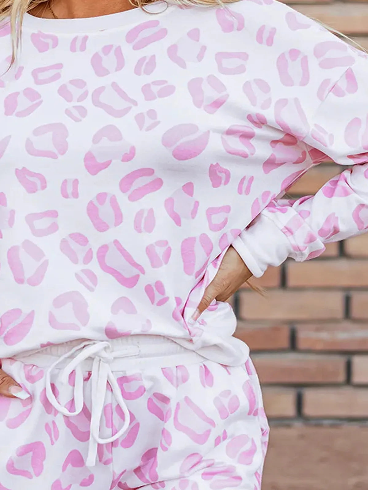 Leopard Long Sleeve Top and Drawstring Shorts Lounge Set — detail view — Livostyle