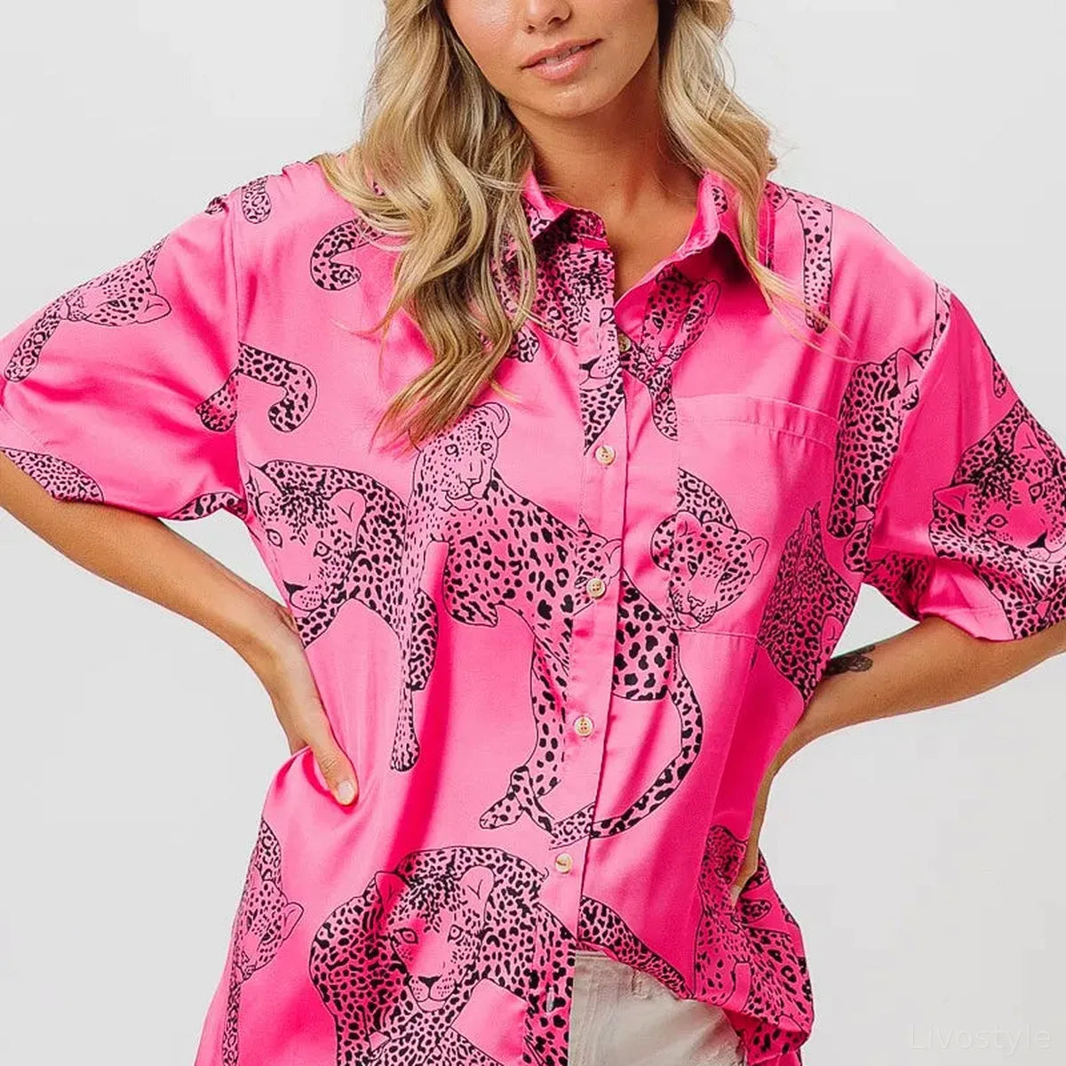 Stylish Satin Leopard Print Shirt with Short Sleeves — square view — Livostyle