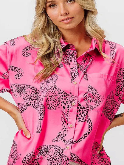 Stylish Satin Leopard Print Shirt with Short Sleeves — detail view — Livostyle
