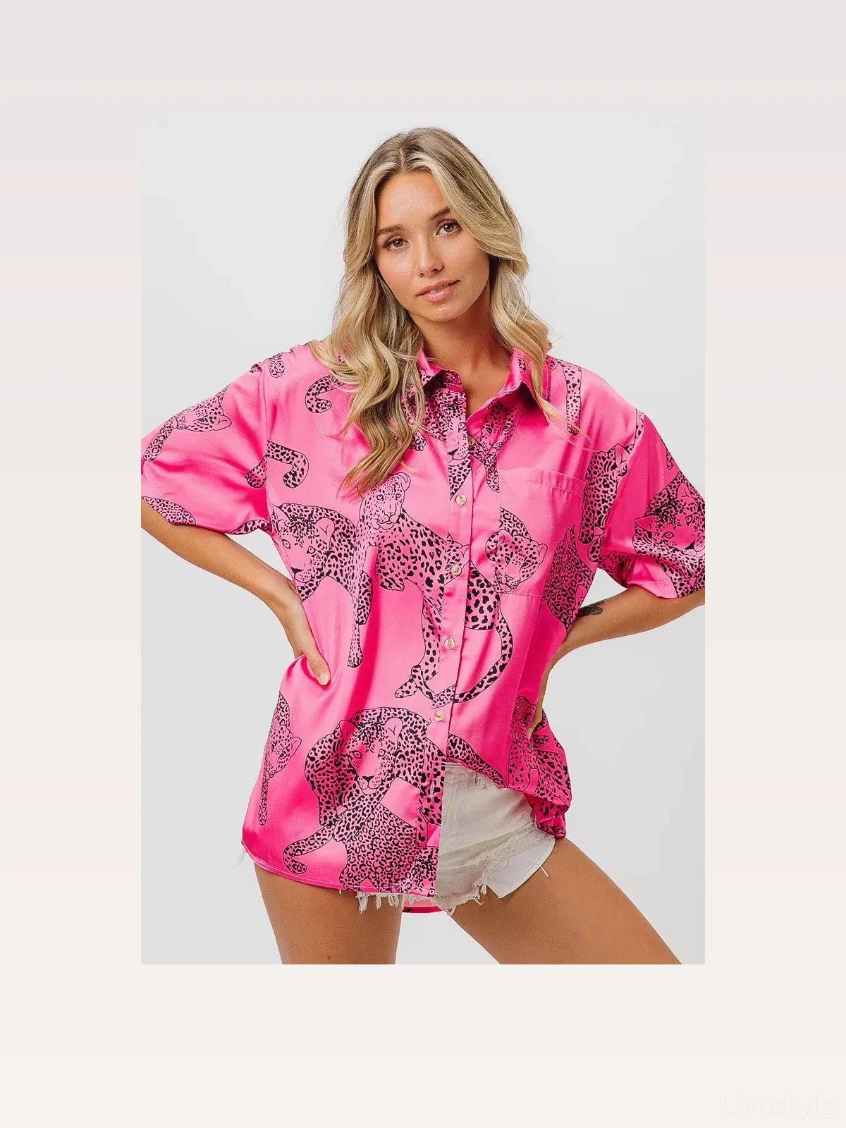 Stylish Satin Leopard Print Shirt with Short Sleeves — styled showcase — Livostyle