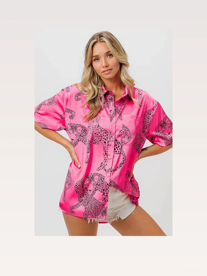 Stylish Satin Leopard Print Shirt with Short Sleeves — styled showcase — Livostyle