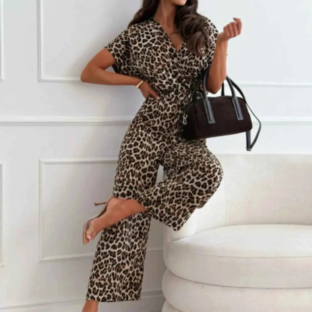 Leopard Print Short Sleeve Wide Leg Jumpsuit — square view — Livostyle