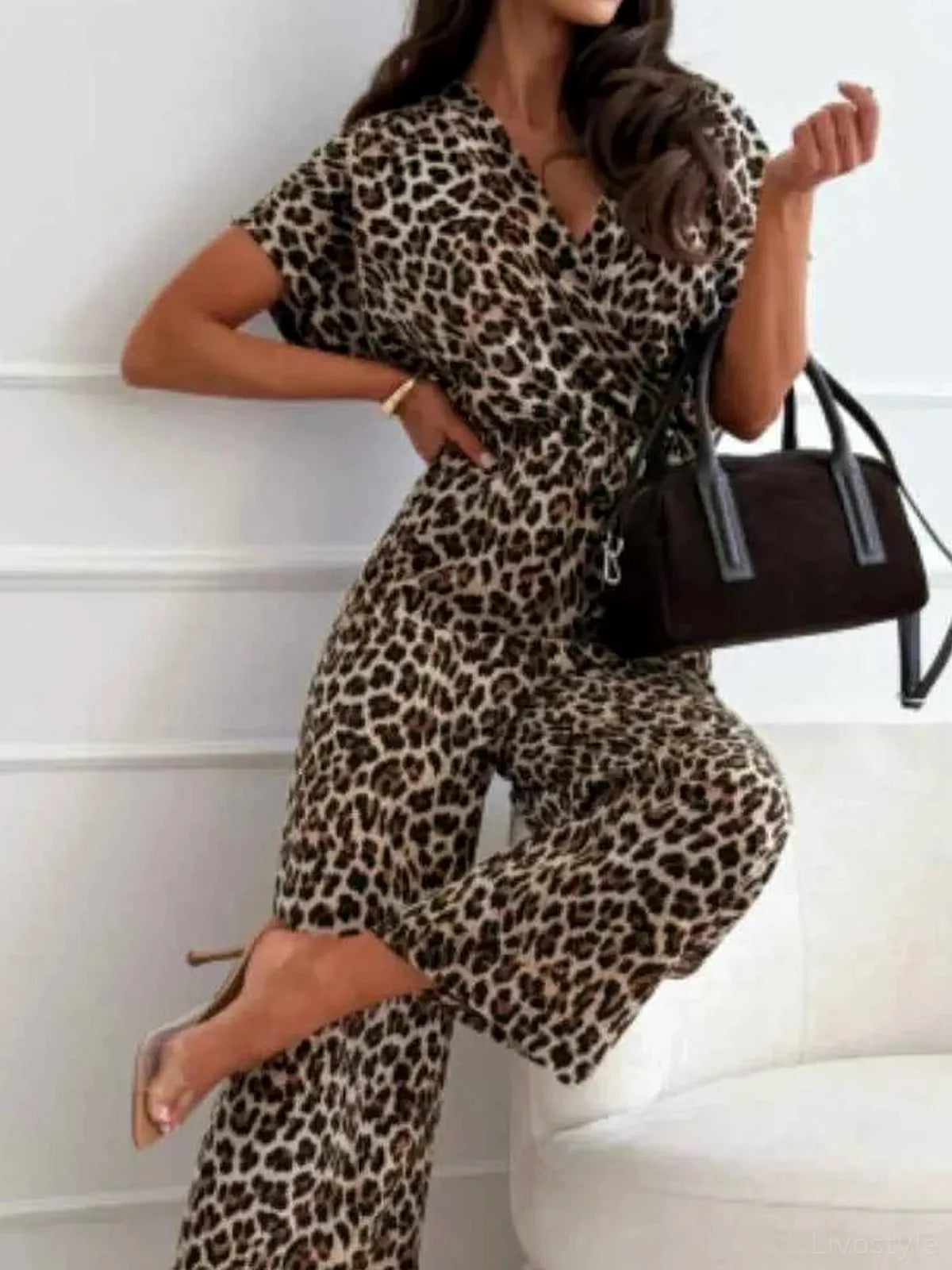 Leopard Print Short Sleeve Wide Leg Jumpsuit — detail view — Livostyle
