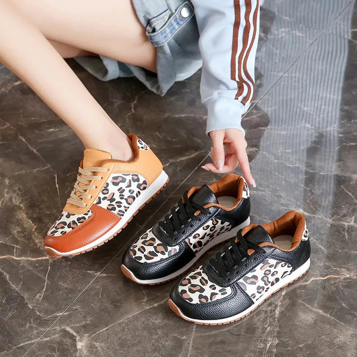 Stylish Leopard Print Lace-Up Sneakers in PU Leather — square view — Livostyle