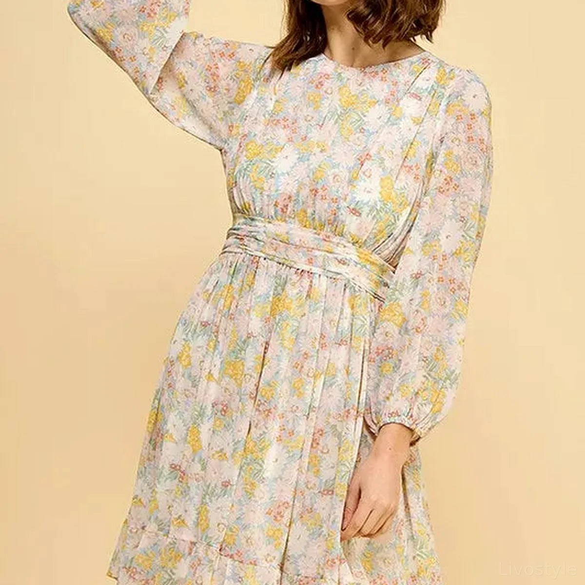 Floral Print Chiffon Belted Dress with Chic Back Zipper Deta — square view — Livostyle