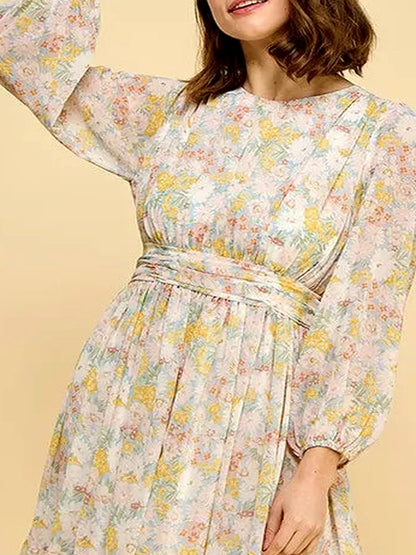 Floral Print Chiffon Belted Dress with Chic Back Zipper Deta — detail view — Livostyle