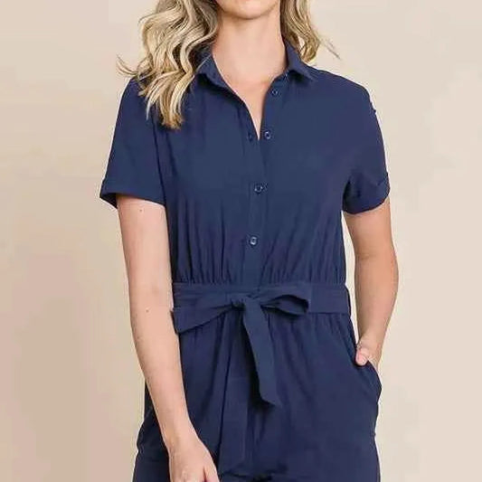 Collared Button Down Romper with Tie Belt — square view — Livostyle