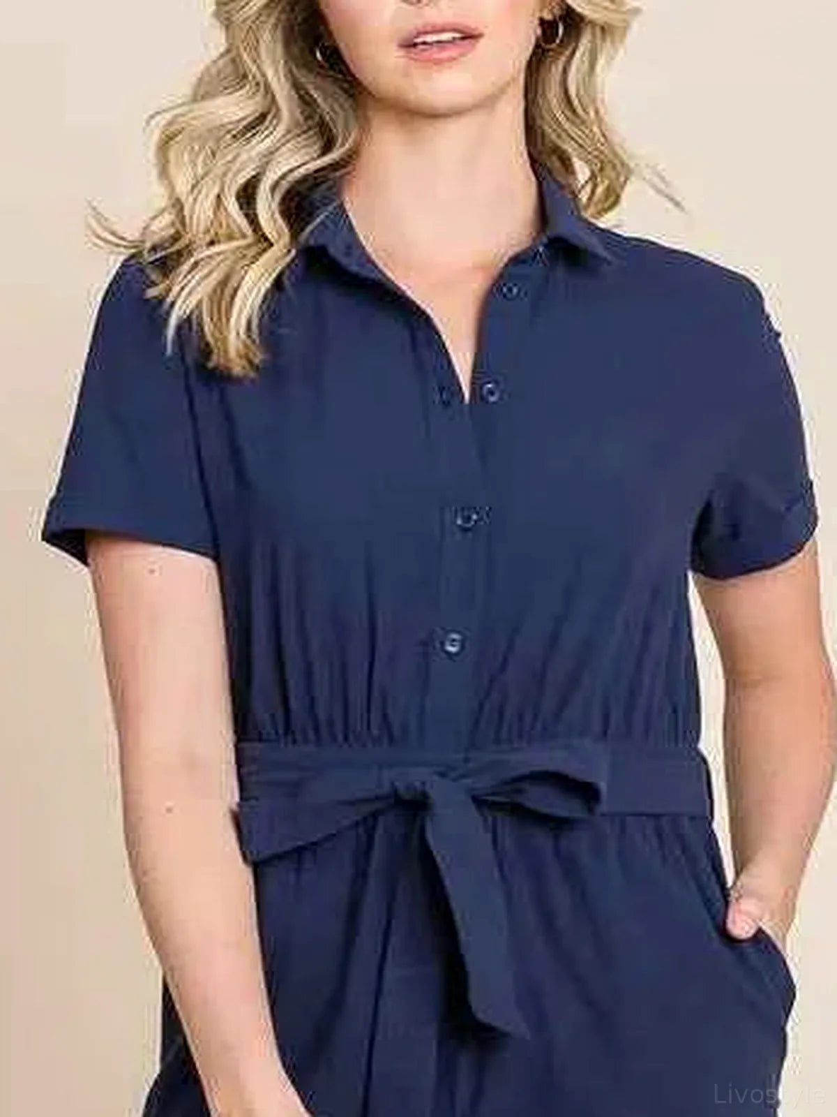 Collared Button Down Romper with Tie Belt — detail view — Livostyle