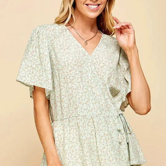 Chic Ditsy Print V-Neck Wrap Blouse in Lime and Chili — square view — Livostyle