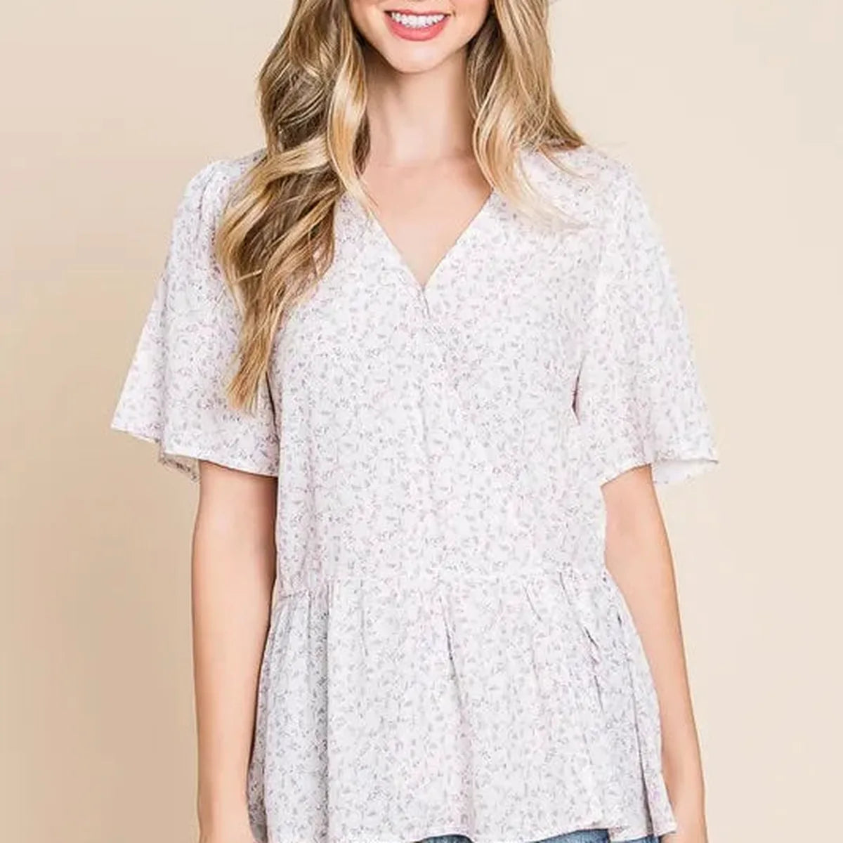 Playful Ditsy Print Wrap Blouse with V-Neck & Short Sleeves — square view — Livostyle