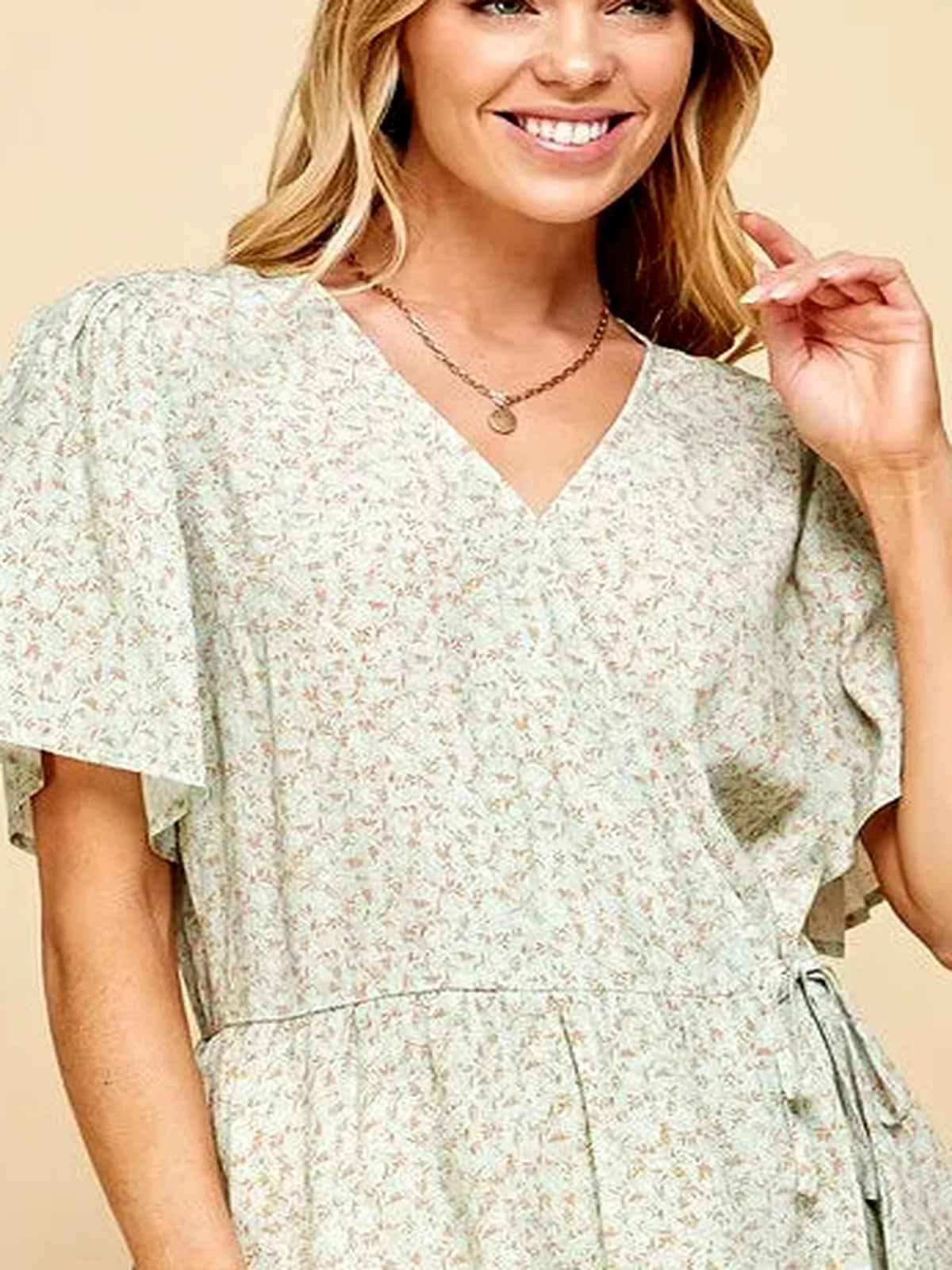 Chic Ditsy Print V-Neck Wrap Blouse in Lime and Chili — detail view — Livostyle