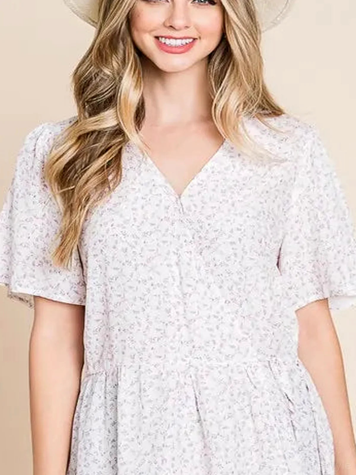 Playful Ditsy Print Wrap Blouse with V-Neck & Short Sleeves — detail view — Livostyle