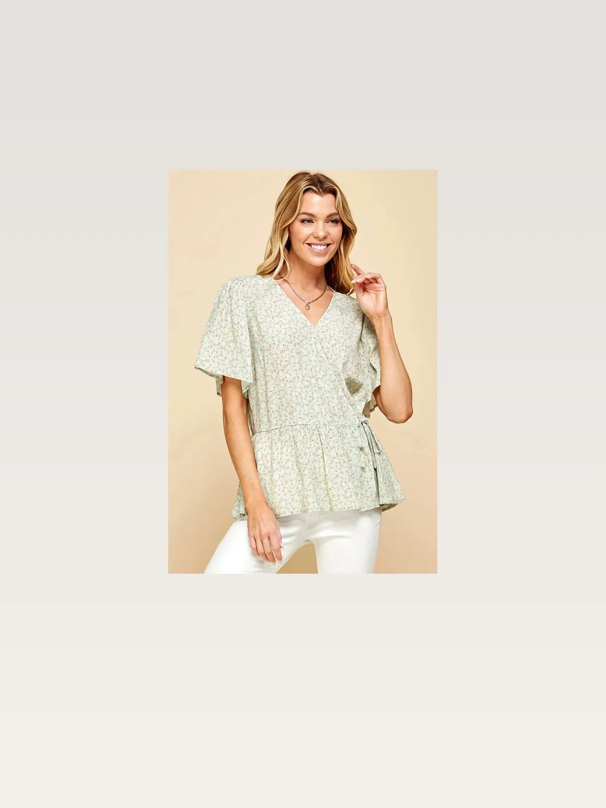 Chic Ditsy Print V-Neck Wrap Blouse in Lime and Chili — styled showcase — Livostyle