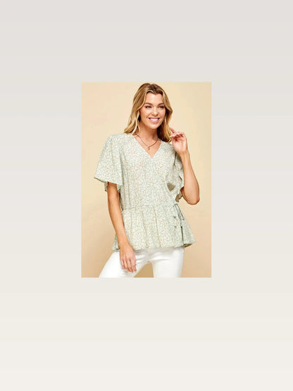 Chic Ditsy Print V-Neck Wrap Blouse in Lime and Chili — styled showcase — Livostyle
