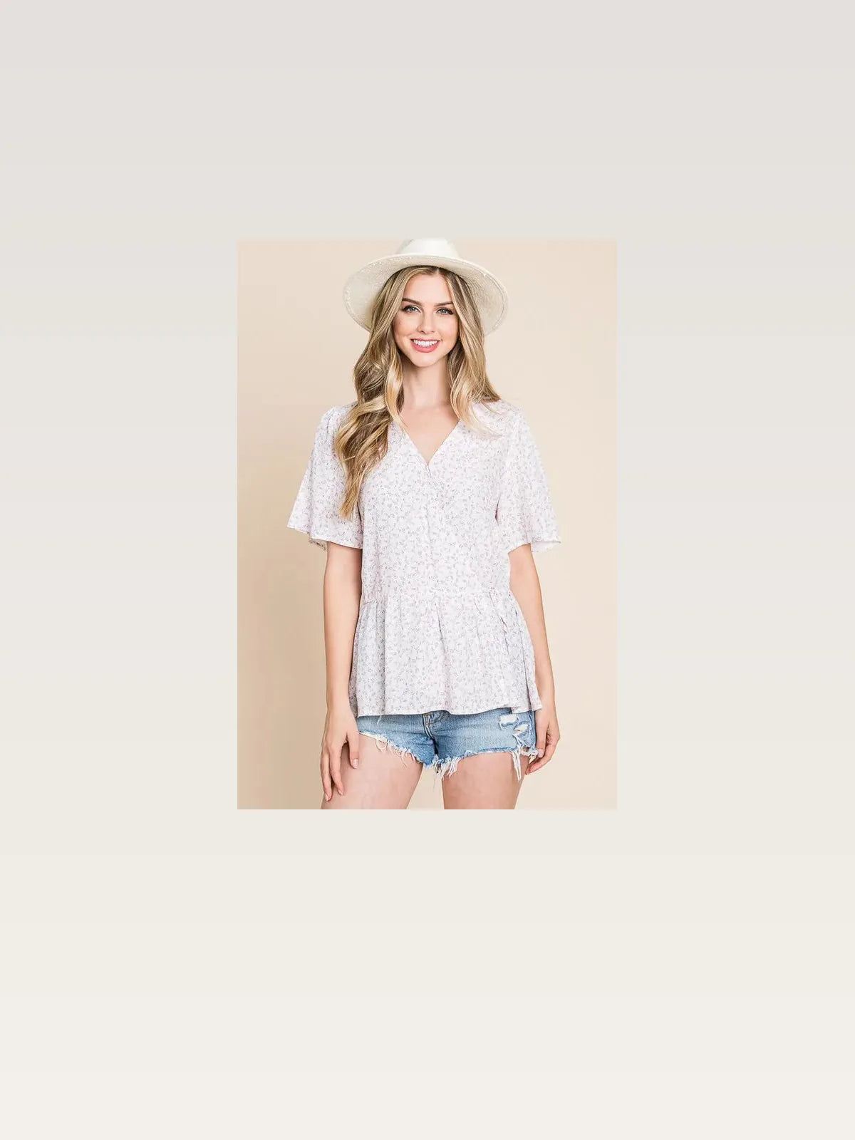 Playful Ditsy Print Wrap Blouse with V-Neck & Short Sleeves — styled showcase — Livostyle