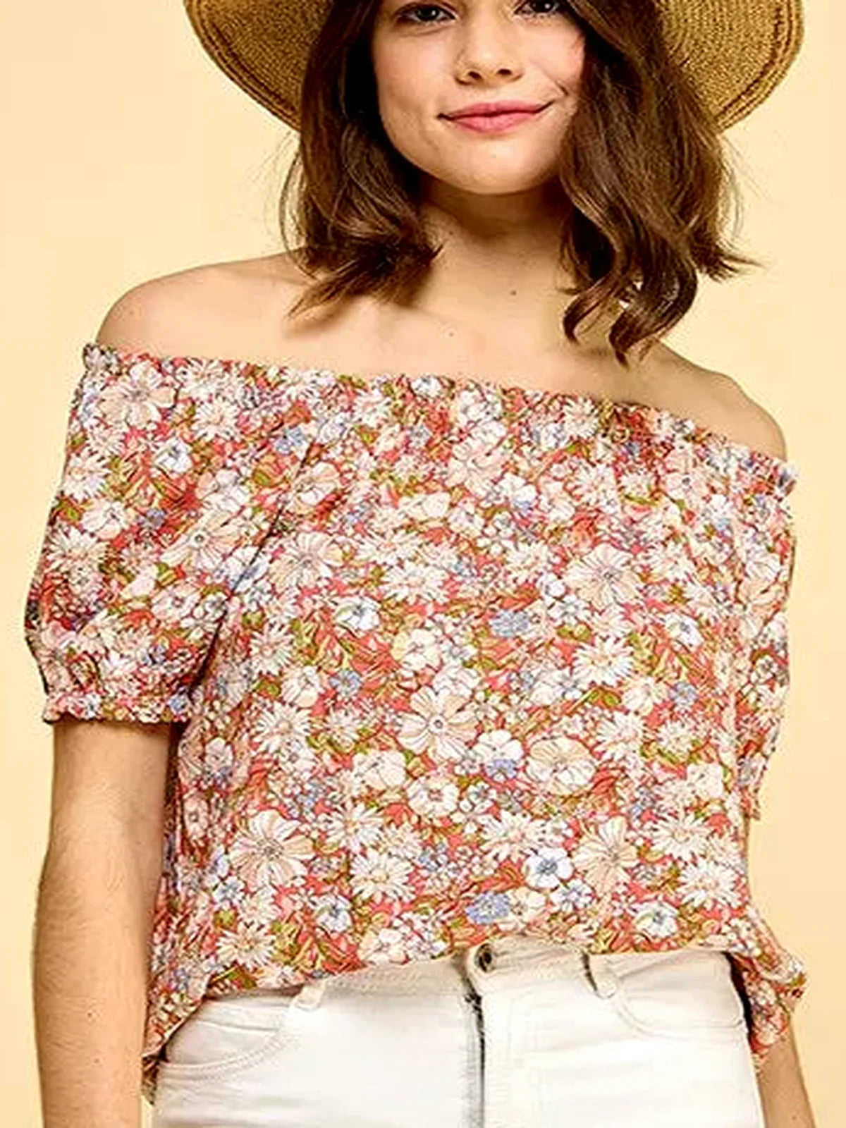 Floral Print Short Sleeve Off-The-Shoulder Blouse — detail view — Livostyle