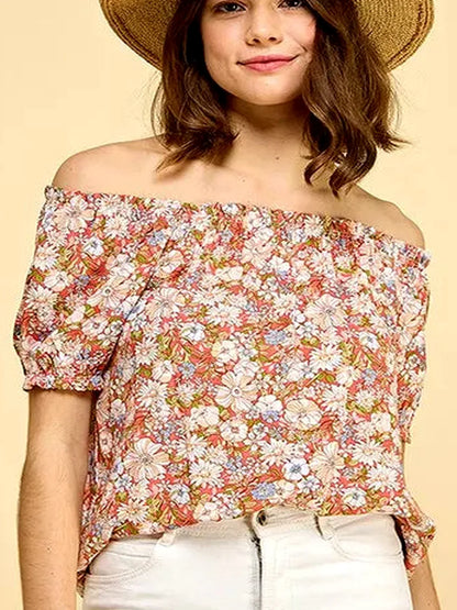 Floral Print Short Sleeve Off-The-Shoulder Blouse — detail view — Livostyle