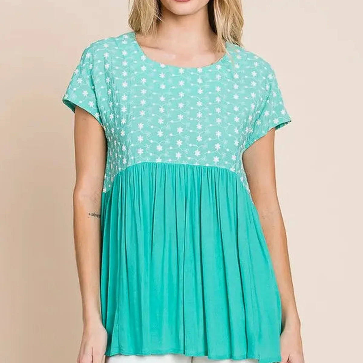 Embroidered Short Sleeve Pleated Babydoll Top — square view — Livostyle