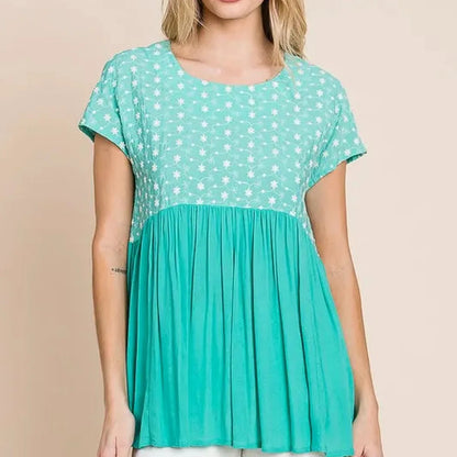 Embroidered Short Sleeve Pleated Babydoll Top — square view — Livostyle