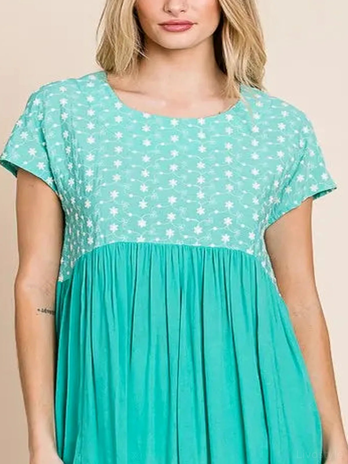Embroidered Short Sleeve Pleated Babydoll Top — detail view — Livostyle