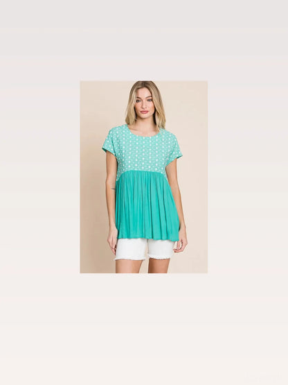 Embroidered Short Sleeve Pleated Babydoll Top — styled showcase — Livostyle