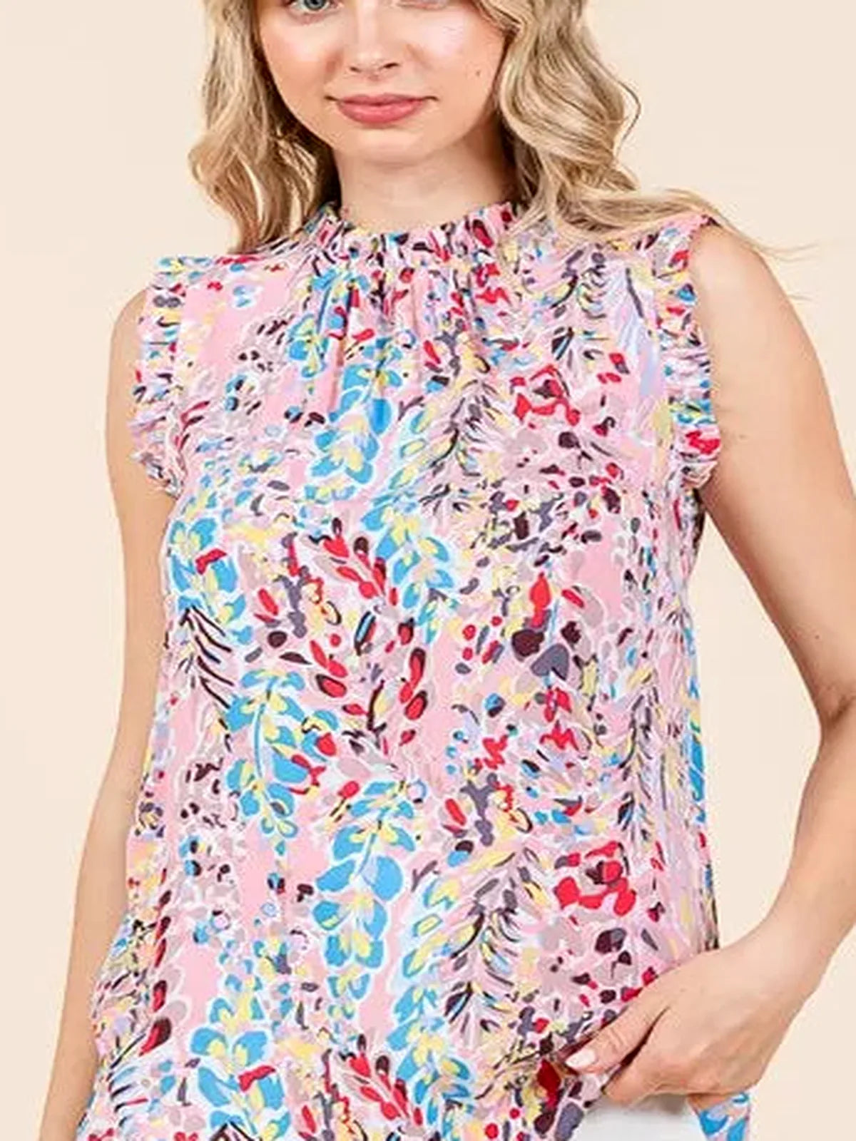 Graphic Print Ruffle Trim Mock Neck Sleeveless Top — detail view — Livostyle