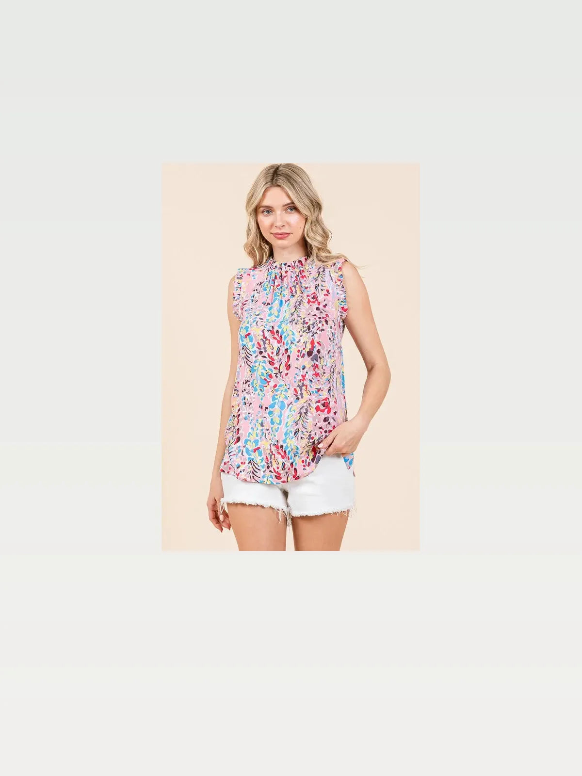 Graphic Print Ruffle Trim Mock Neck Sleeveless Top — styled showcase — Livostyle