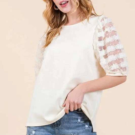 Lace Puff Sleeve Round Neck Top — square view — Livostyle