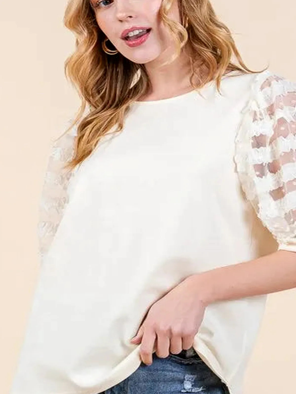 Lace Puff Sleeve Round Neck Top — detail view — Livostyle