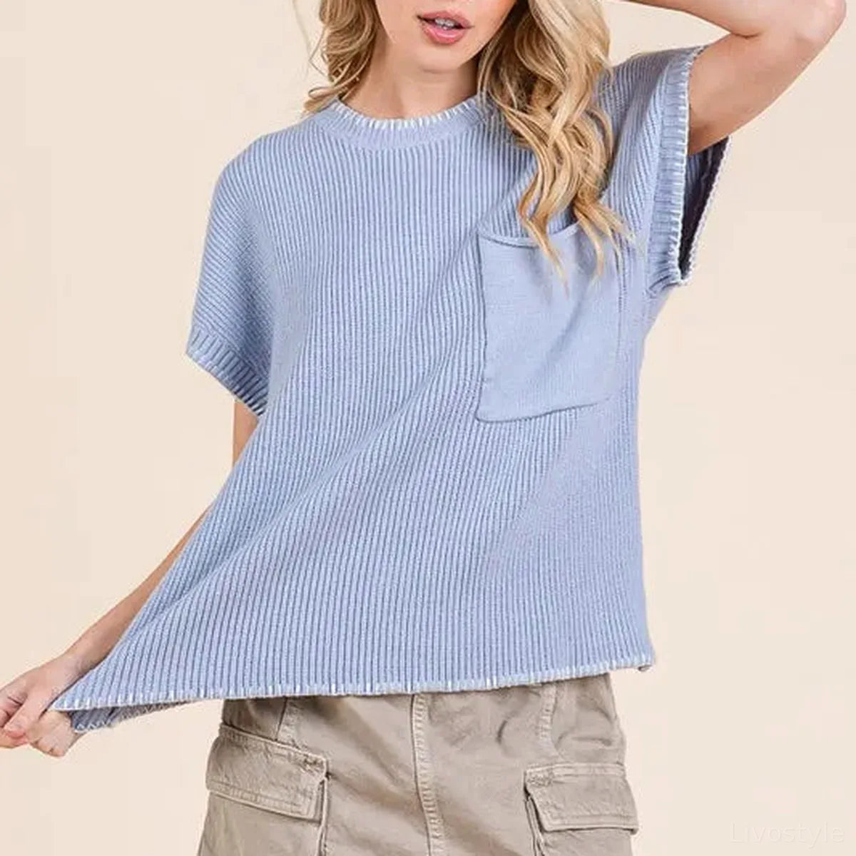 Solid Cap Sleeve Stitch Edge Knit Sweater — square view — Livostyle