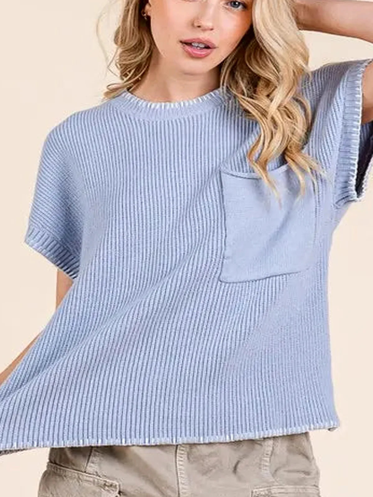 Solid Cap Sleeve Stitch Edge Knit Sweater — detail view — Livostyle