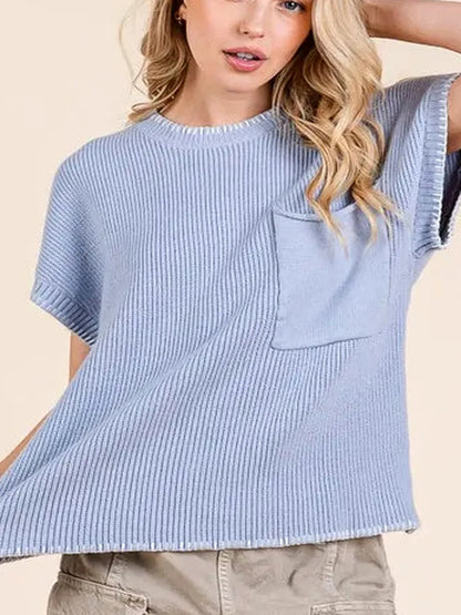 Solid Cap Sleeve Stitch Edge Knit Sweater — detail view — Livostyle