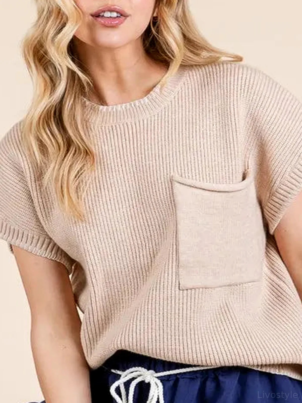 Solid Cap Sleeve Stitch Edge Knit Sweater — detail view — Livostyle
