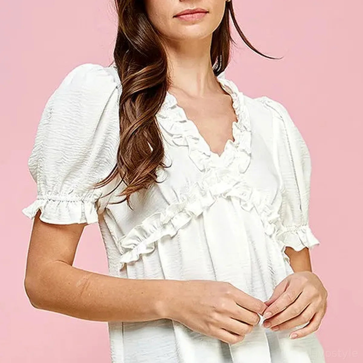 Solid Ruffled Deep V-Neck Puff Sleeve Babydoll Top — square view — Livostyle