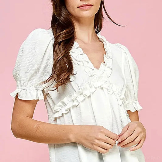 Solid Ruffled Deep V-Neck Puff Sleeve Babydoll Top — square view — Livostyle