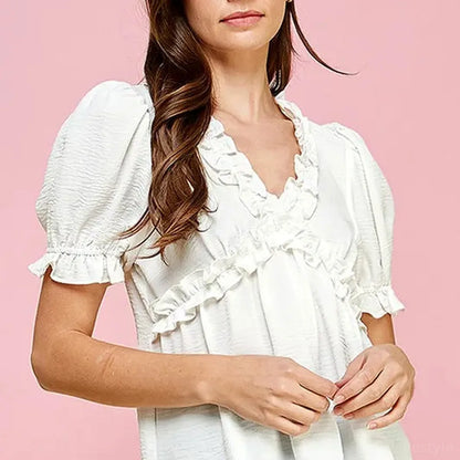 Solid Ruffled Deep V-Neck Puff Sleeve Babydoll Top — square view — Livostyle