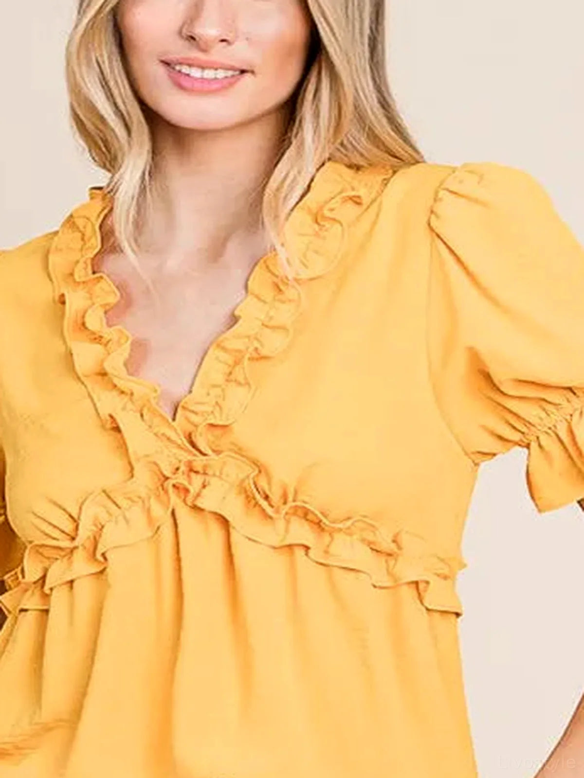 Solid Ruffled Deep V-Neck Puff Sleeve Babydoll Top — detail view — Livostyle