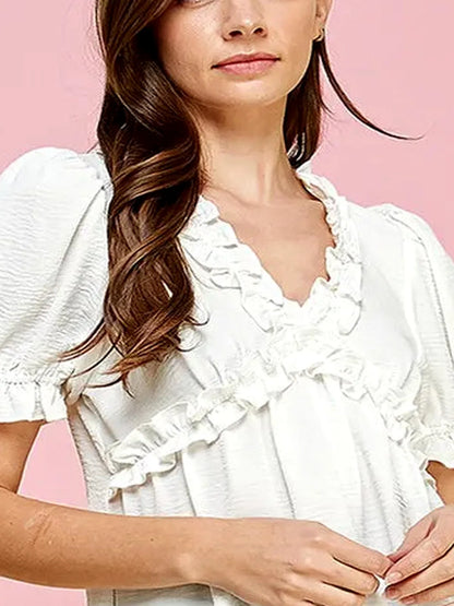 Solid Ruffled Deep V-Neck Puff Sleeve Babydoll Top — detail view — Livostyle