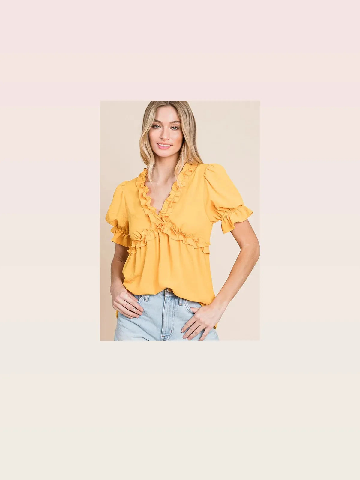Solid Ruffled Deep V-Neck Puff Sleeve Babydoll Top — styled showcase — Livostyle
