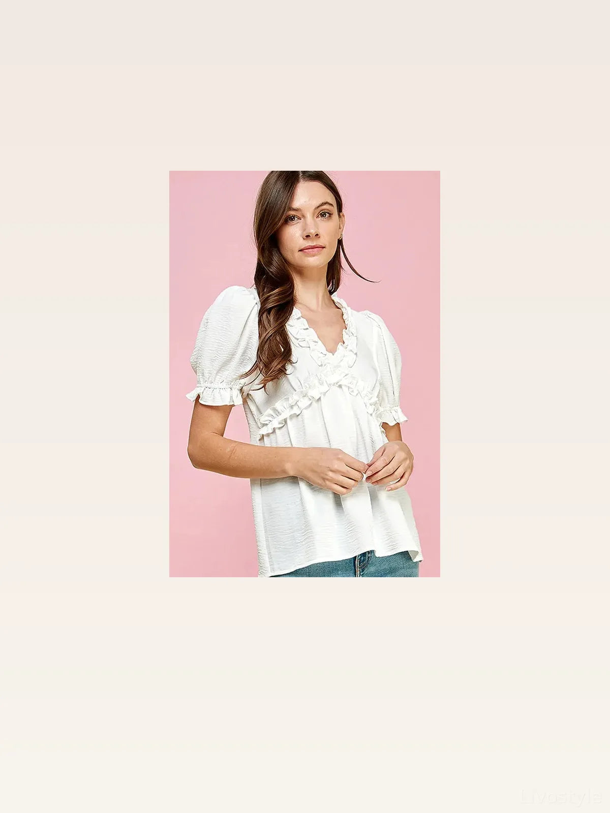 Solid Ruffled Deep V-Neck Puff Sleeve Babydoll Top — styled showcase — Livostyle