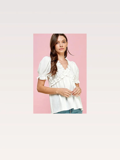 Solid Ruffled Deep V-Neck Puff Sleeve Babydoll Top — styled showcase — Livostyle