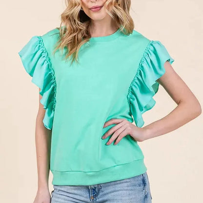 Solid Shoulder Ruffle Detail Round Neck Top — square view — Livostyle